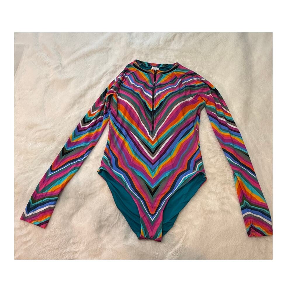 Trina Turk Louvre Long Sleeve Paddle Suit in Multi Stripe Chevron Print